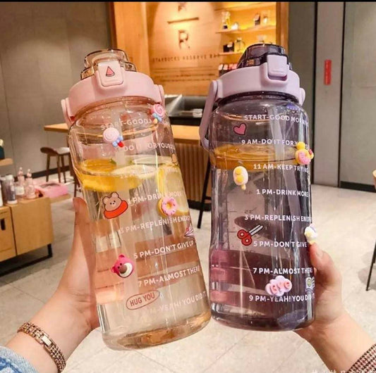 2L Clear colour Water Bottle With Time Marker With Straw and Sticker